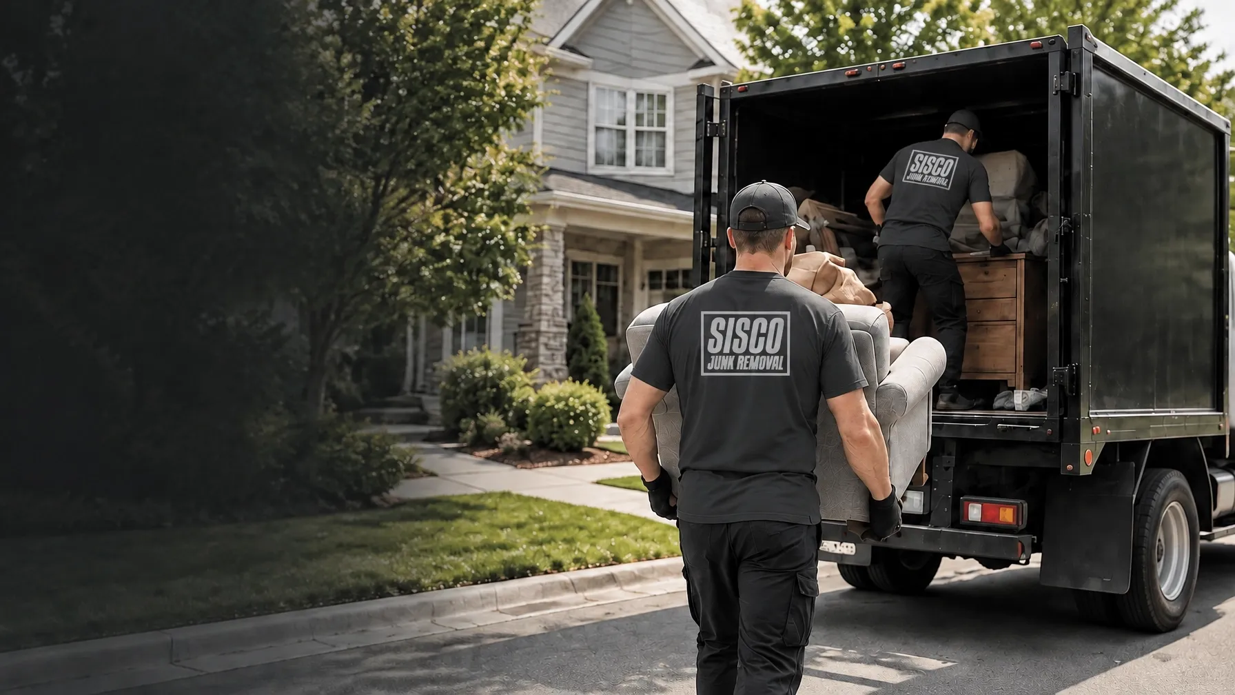 Sisco Junk Removal crew loading furniture into a truck outside a home